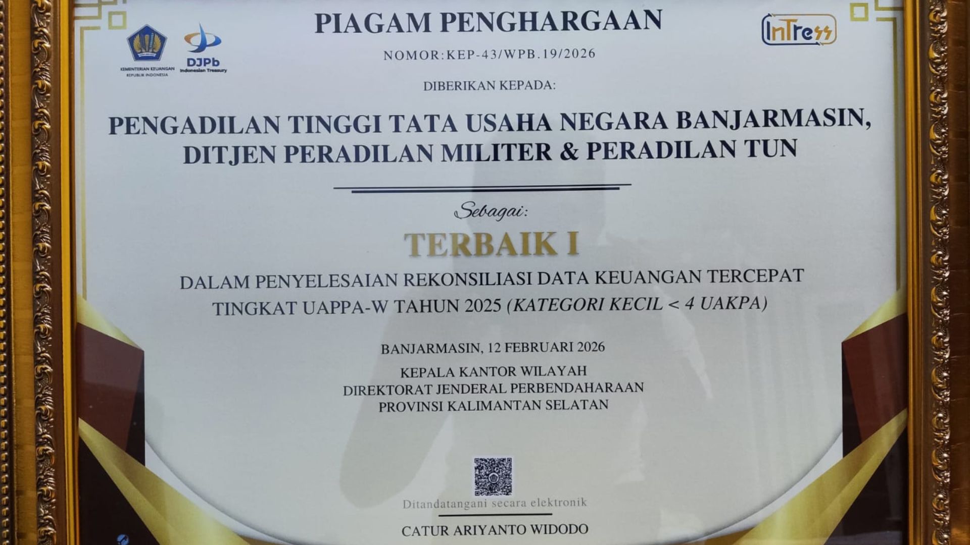 PTTUN Banjarmasin Raih Penghargaan Terbaik Penyelesaian Rekonsiliasi Tercepat Tingkat UAPPA-W Tahun 2025